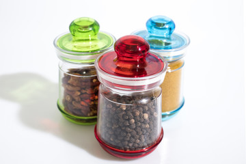 Many types of spices isolated in a white background