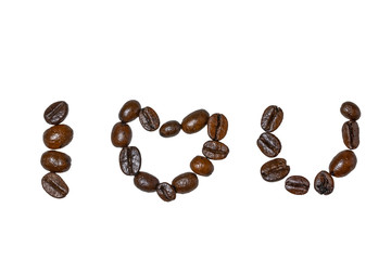 Pile of roasted coffee beans. On white background