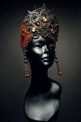 Mannequin in creative goldish red Russian kokoshnik with jewels