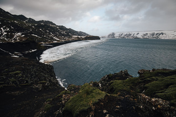 Kleifarvatn icelandic lake in geothermal area frozen in the winter