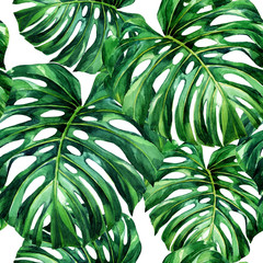 Watercolor seamless pattern of tropical leaves.