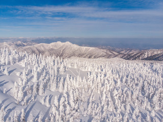 Aerial view of Ice monster or Juhyo at Zao ropeway, Yamagata, Japan