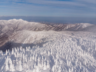 Aerial view of Ice monster or Juhyo at Zao ropeway, Yamagata, Japan