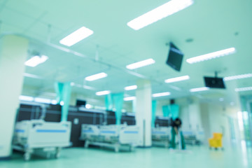 Abstract blur hospital corridor, Doctor,unfocused background.Clean empty bed in a hospital ,Patient bed in hospital