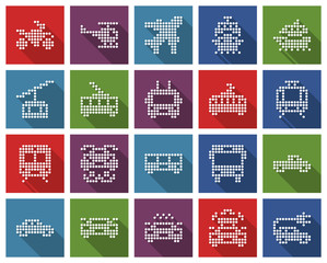 Square dotted icons set of some transport facilities with long shadow