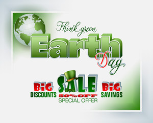 Celebration, design, background with handwriting and 3d texts and green Earth globe for Earth day, sales, commercial events; Vector illustration