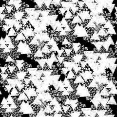 Seamless pattern patchwork design. Black and white print with scribble triangles and flowers. Watercolor effect. Suitable for bed linen, leggings, shorts and fashion industry.