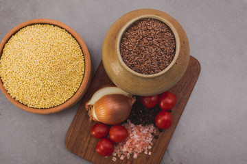 Superfood, groats & seeds, a healthy mix for healthy lifestyle on stone neutral background