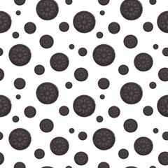 Chocolate cookies on white background top view, seamless pattern