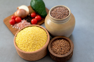 Superfood, groats & seeds, a healthy mix for healthy lifestyle on stone neutral background