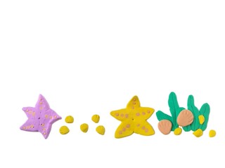 The beautiful underwater world made from plasticine clay on white background, cute starfish, shellfish and seaweed are dough