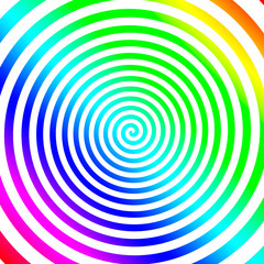 Rainbow color hypnotizing spiral swirl on white background