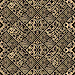 Seamless pattern oriental ornament. Black and golden textile print. Islamic vector design. Floral tiles.