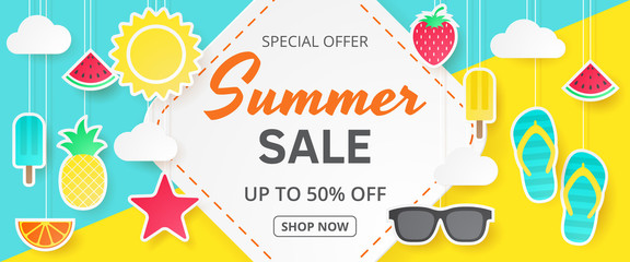 Summer sale vector banner. Paper cut. Can used for banners,Wallpaper,flyers, invitation, posters, brochure, voucher discount. Vector illustration