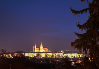 Fototapeta na wymiar Skyline landscape front view of the St. Vitus cathedral in Prague Castle in Prague, Czech Republic