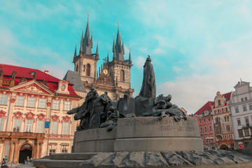Fototapeta na wymiar Spring morning on the Old Town square with Tyn Church. Sunny sityscape in capital of Czech Republic