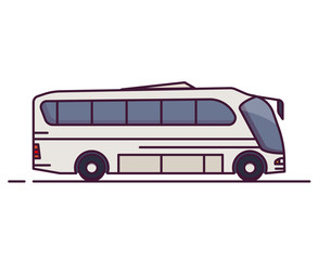 Side view of big white city bus. Line style vector illustration. Vehicle and transport banner. Modern public transportation vehicle. Side view of bus.