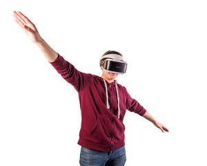 Set of Young man teenager virtual reality headset or 3d glasses, playing video game. Human reaction facial expression emotion concept. various gestures. Isolated.