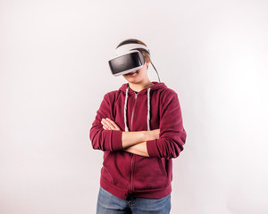 Set of Young man teenager virtual reality headset or 3d glasses, playing video game. Human reaction facial expression emotion concept. various gestures. Isolated.