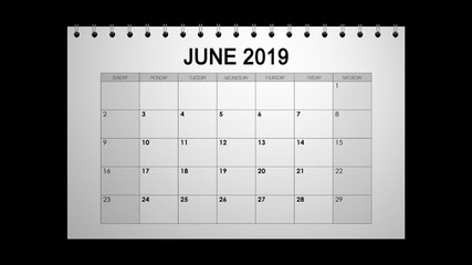 Closeup of a calendar for year 2019 with fast flipping pages. Shot with dark alpha channel
