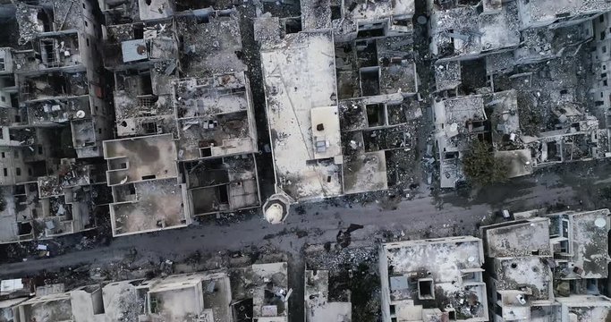 Damascus suburb destroyed in aerial view, Syria