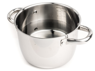Stainless steel cooking pot without cover with water, measure the water level - 1,5 liters. Isolated on white background.