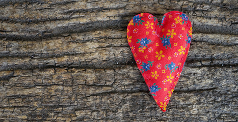 handmade fabric hearts on a rural background, valentine's day