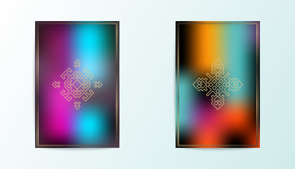 Modern covers vector design. Fluid gradient pattern with outline golden frames. Flyer, poster, menu, book page, presentation concept. Set of fluid backgrounds. Multicolored dark covers with logo.