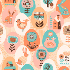 Vector seamless pattern with easter symbols and folk flowers. For Easter and other users.