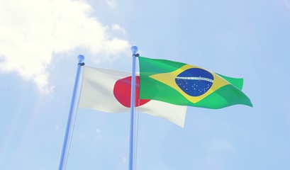 Japan and Brazil, two flags waving against blue sky. 3d image