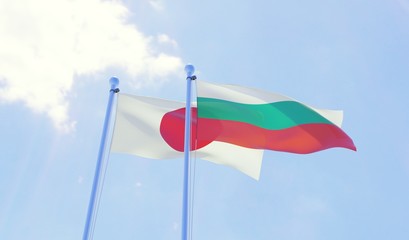 Japan and Bulgaria, two flags waving against blue sky. 3d image