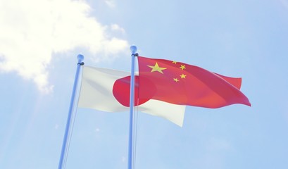 Japan and China, two flags waving against blue sky. 3d image