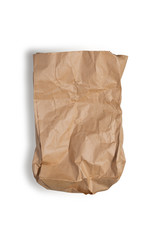 Brown paper bag used with clipping path . Wrinkled  kraft paper bag   isolated on white background,top view .