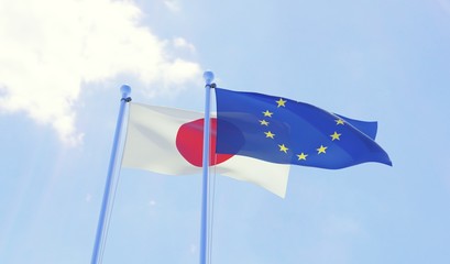 Japan and European Union, two flags waving against blue sky. 3d image