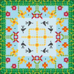 Seamless pattern with natural ornaments - flowers, grass, birds in the sky. Geometric elements. Pattern for fabrics, ceramics, clothes. The concept of spring, joy, good mood.