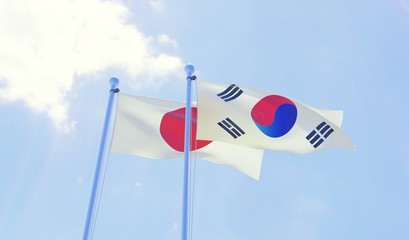 Japan and South Korea, two flags waving against blue sky. 3d image