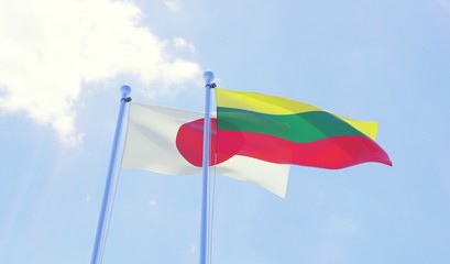 Japan and Lithuania, two flags waving against blue sky. 3d image