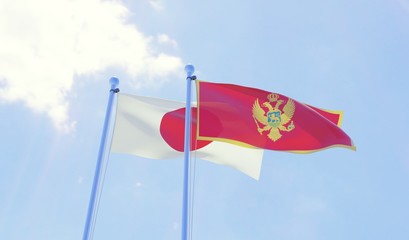 Japan and Montenegro, two flags waving against blue sky. 3d image