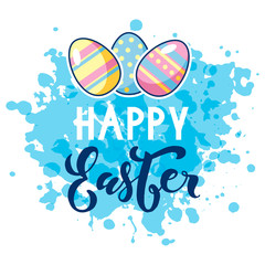 Happy Easter lettering with cute color easter eggs. Beautiful vector illustration for greeting card/poster/sticker.