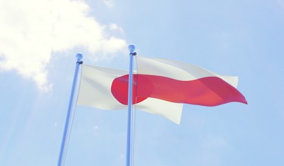 Japan and Poland, two flags waving against blue sky. 3d image