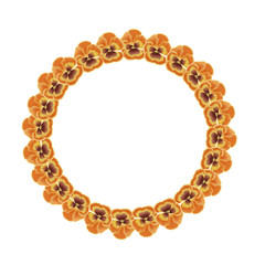 Watercolor orange, yellow and brown pansy wreath isolated on a blank background