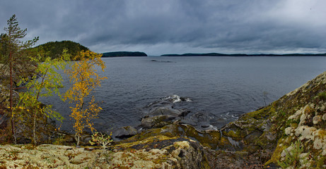 Russia. Karelia. Gloomy autumn on lake Ladoga