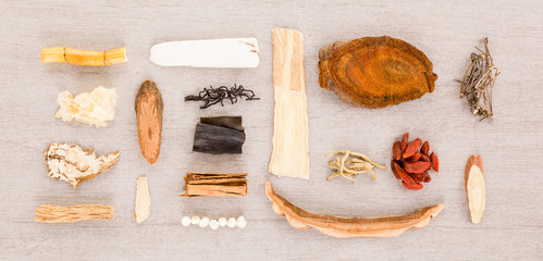 Traditional chinese herb ingredients used in alternative herbal medicine.