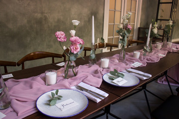 Decorated and prepared for party dinner table