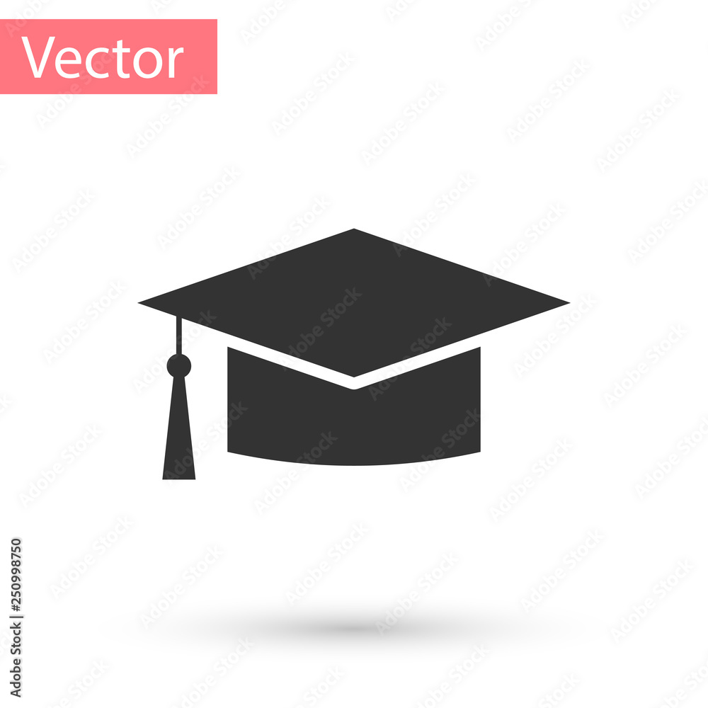 Sticker Grey Graduation cap icon isolated on white background. Graduation hat with tassel icon. Vector Illustration