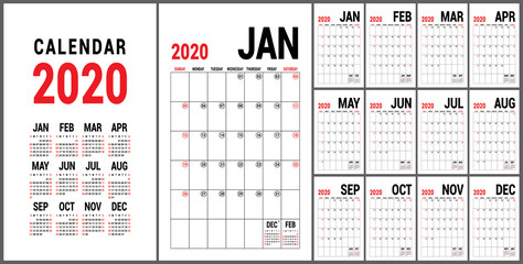 Calendar 2020. English calender template. Vector grid. Office business planning. Creative design