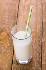 Glass of Milk and Straw on Wooden Table