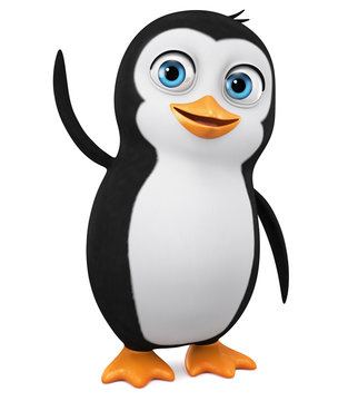 Funny penguin points to an empty space. 3d render illustration.
