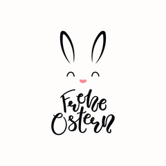 Lettering quote Frohe Ostern, Happy Easter in German, with bunny face. Isolated objects on white background. Hand drawn vector illustration. Design concept, element for card, banner, invitation.