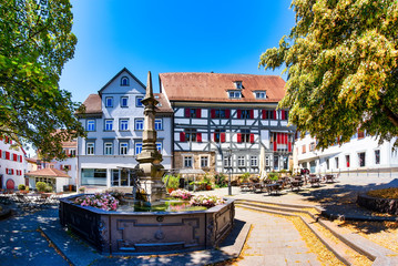 Medieval Hafenmarkt (harbor market) and "Krautmarktbrunnen" near the old  town hall in Esslingen am Neckar. The four-tube fountain was first mentioned in 1564.